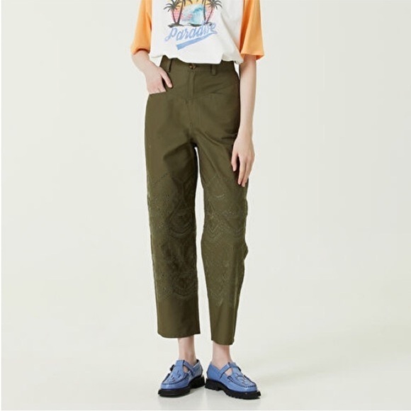 Nwt Maje Pants Pinod Eyelet Straight Leg In Khaki Green